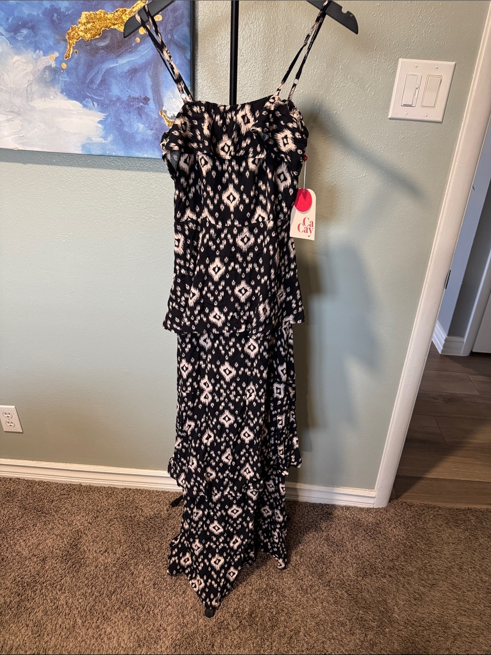 Black & White Ikat Tiered Maxi Dress with Adjustable Straps